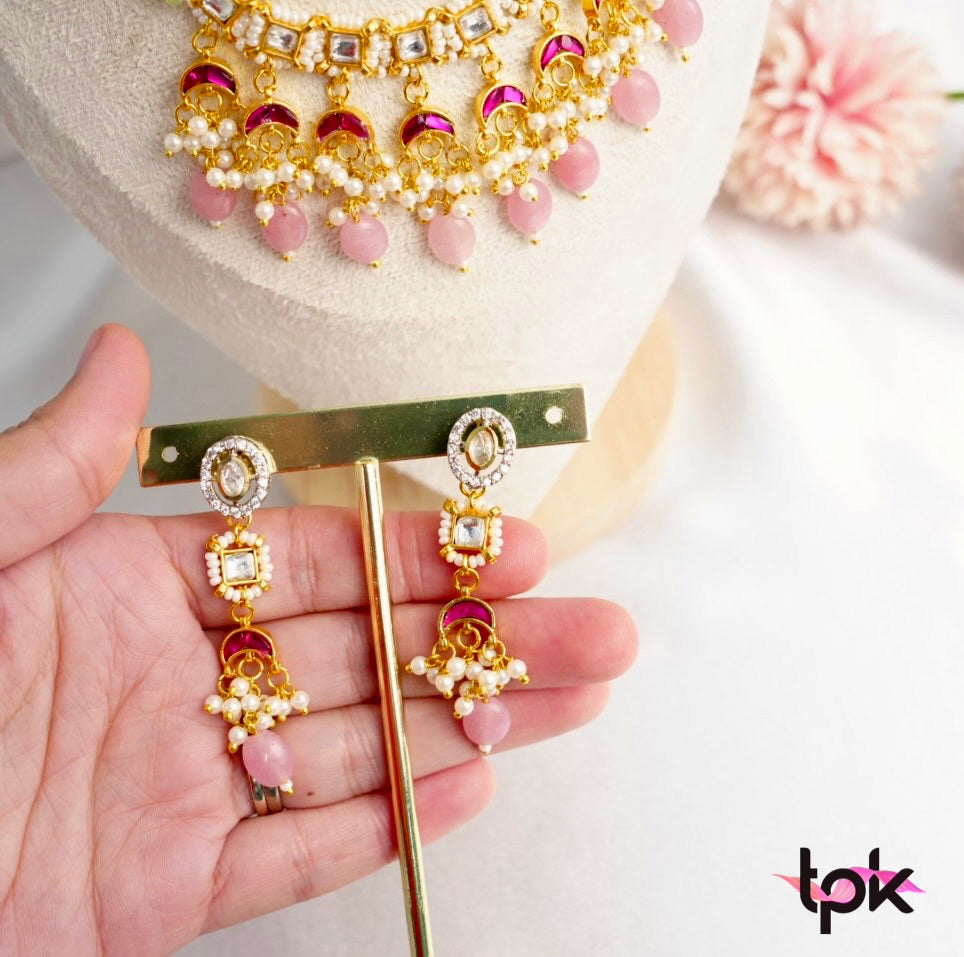 Pachi Kundan Chand Choker Set with Earrings - Pink
