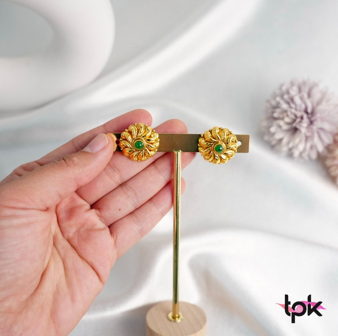 Traditional Gold Plated Studs Earrings (Copper Base) - Available in Ruby & Green