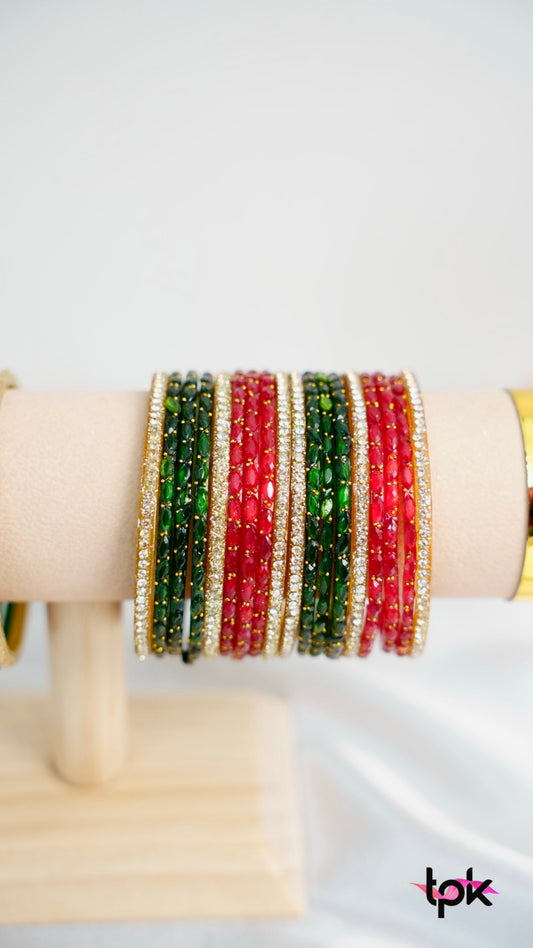 Red & Green Rain drop Glass Bangle Stack
