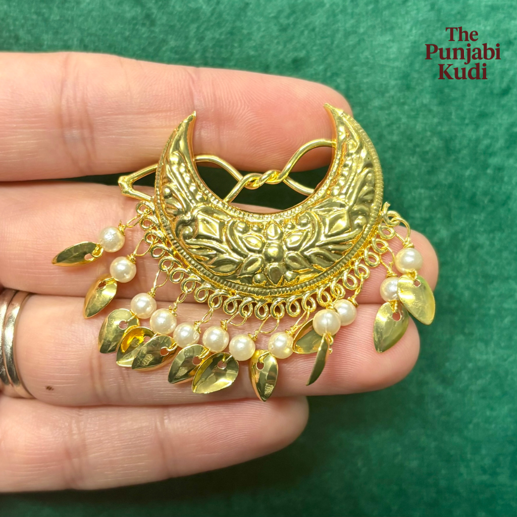 Gold Finished Chand Hair Clips Pair with Pearls and Pippal Patti