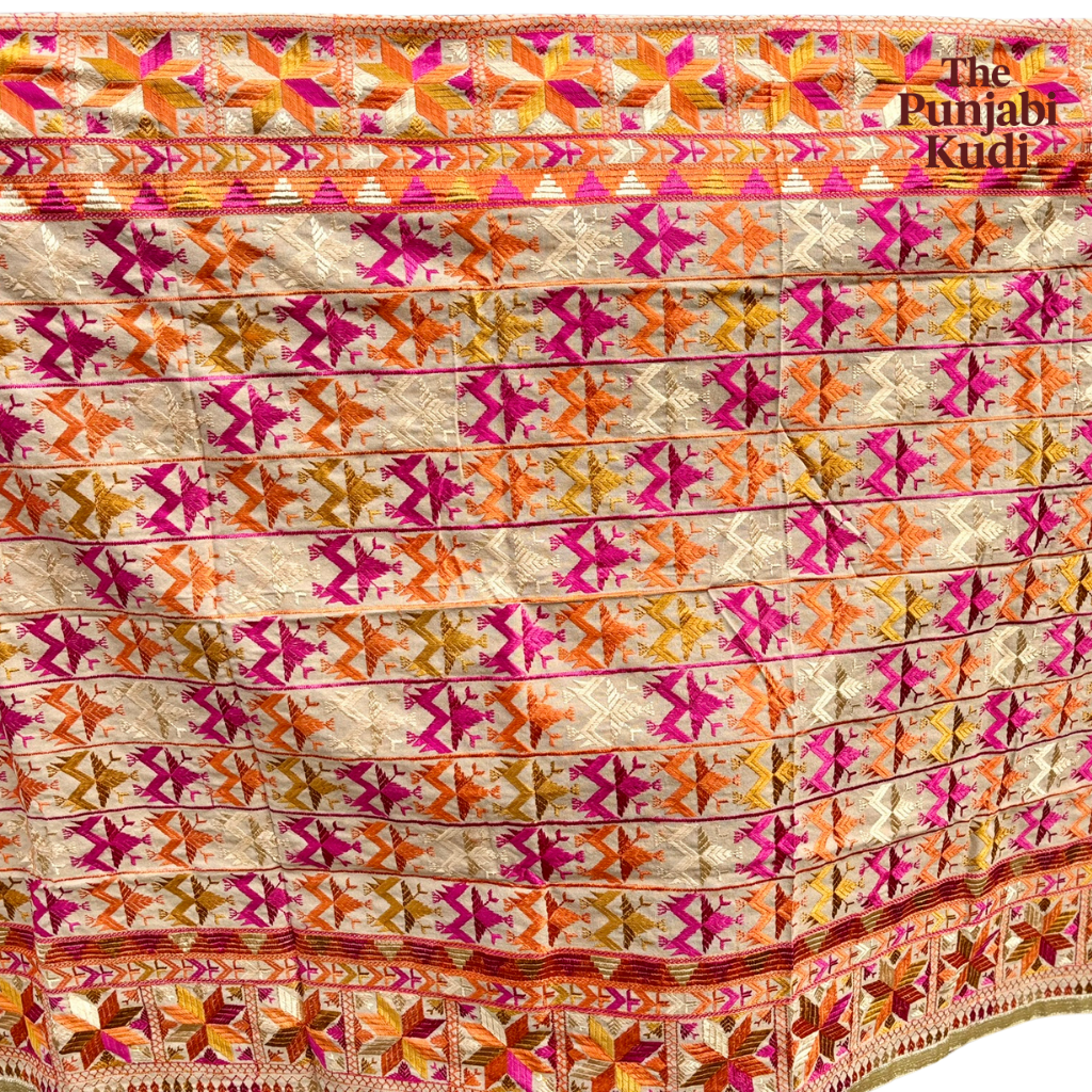 Khaddar Bagh Phulkari Dupatta Cream base