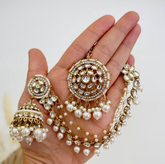 Kundan Polki Earrings Tikka Set with Chain