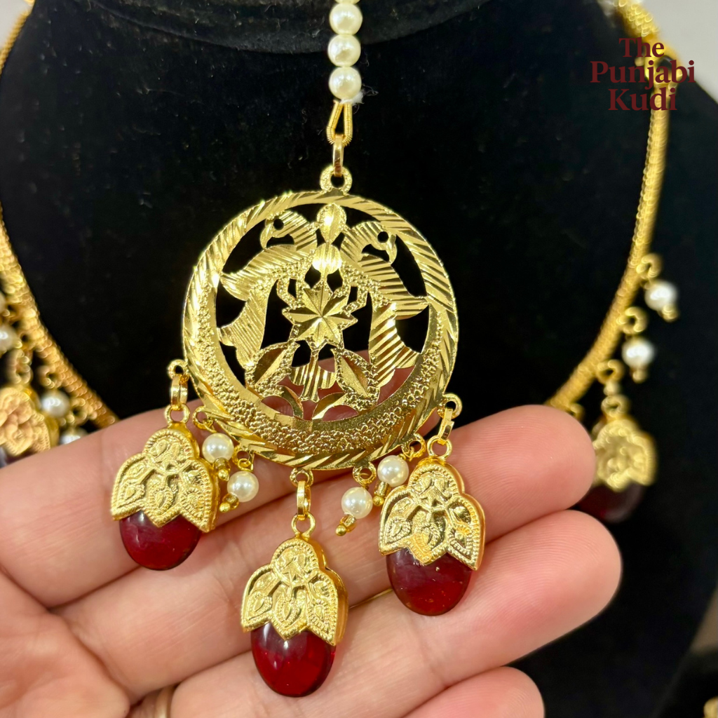 Punjabi Traditional Dakh Set with Tikka in Red Stones