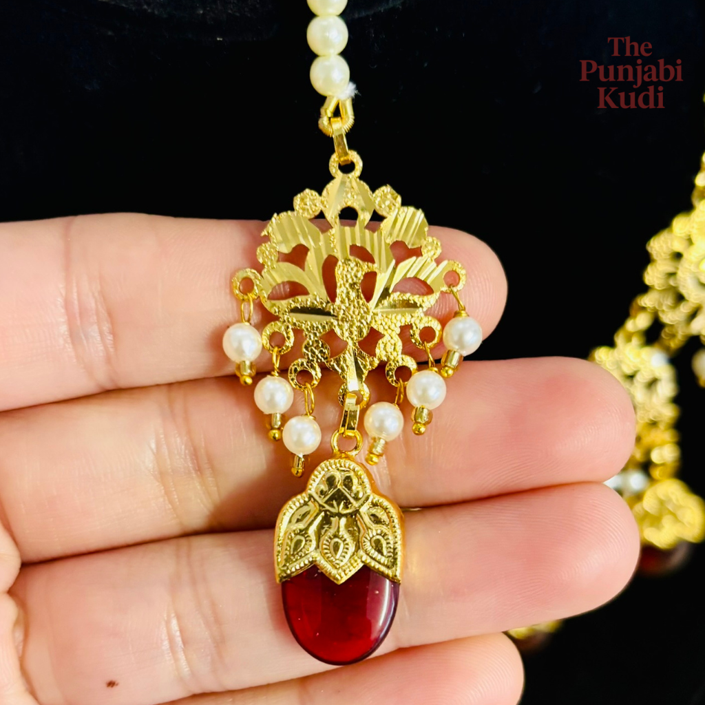 Punjabi Traditional Dakh Set with Tikka in Red Stones