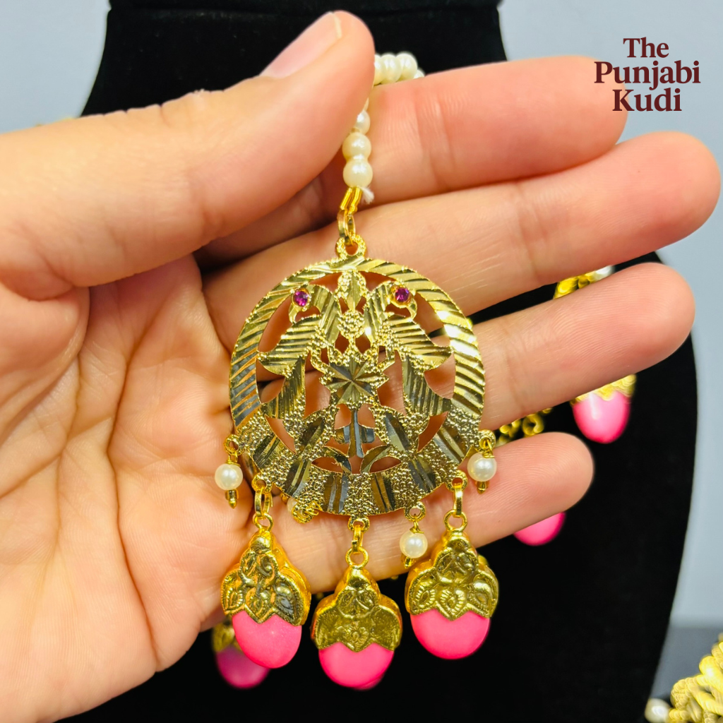 Punjabi Traditional Dakh Set with Tikka in Pink Stones