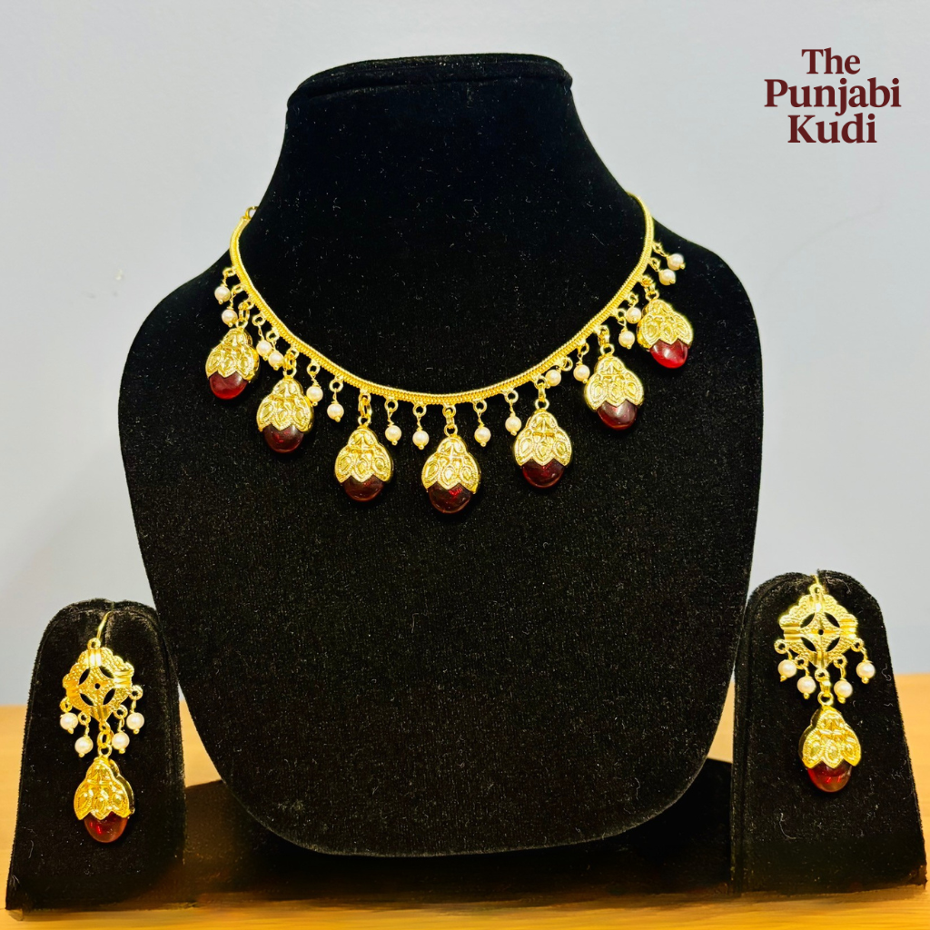 Punjabi Traditional Dakh Set with Red Stones