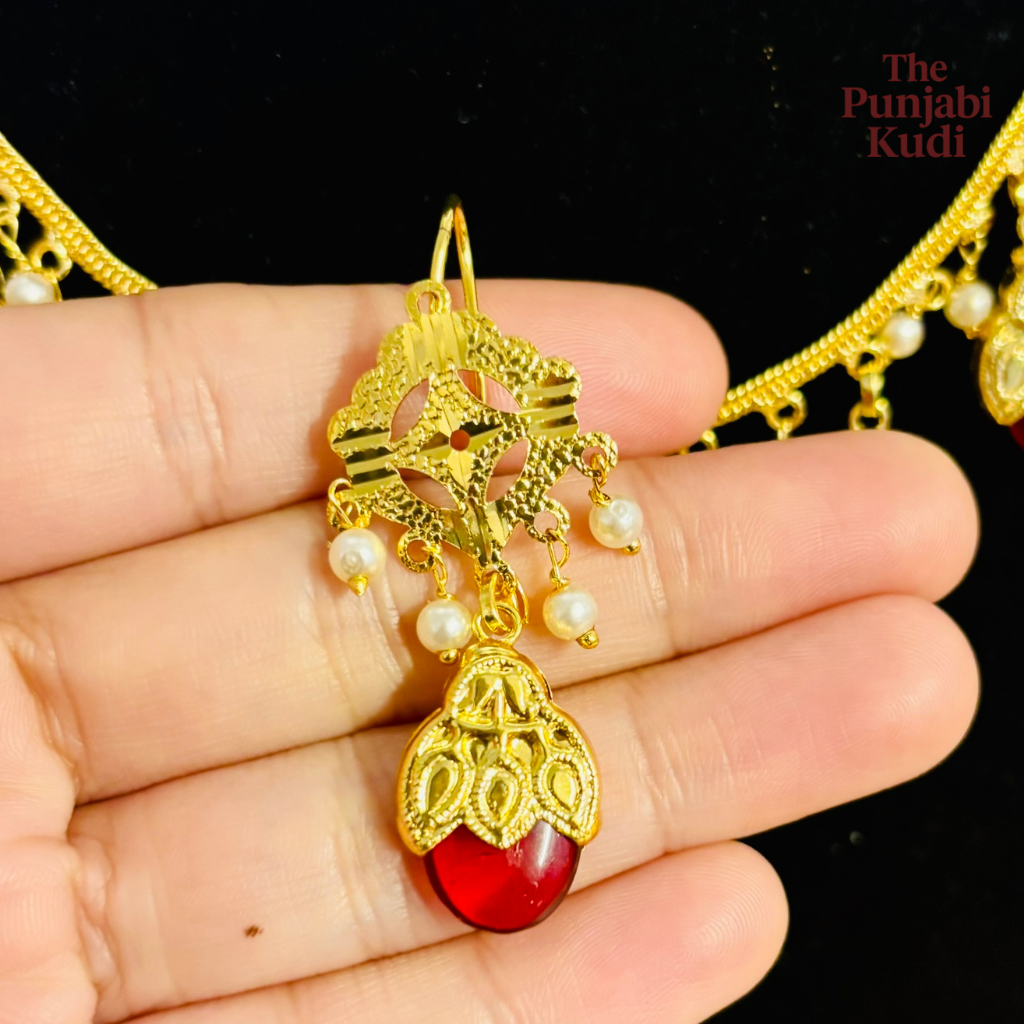Punjabi Traditional Dakh Set with Red Stones