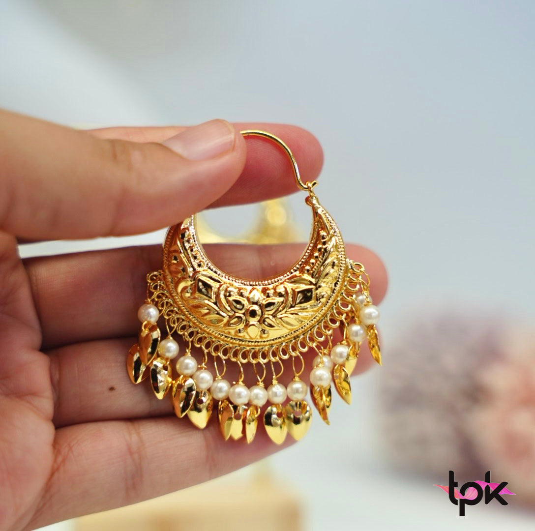 Gold Finished Pippal Patti Chand Bali