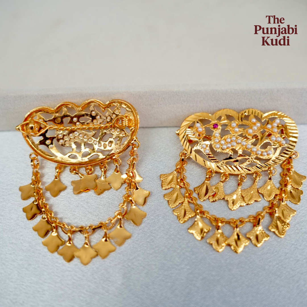 Traditional Morni Jadau Patra Chain Hair Clips