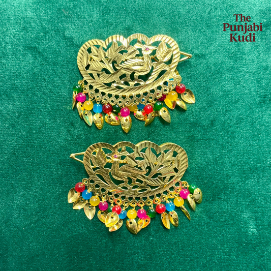Gold Finished Multicolor Morni Pippal Patti Hair Clips
