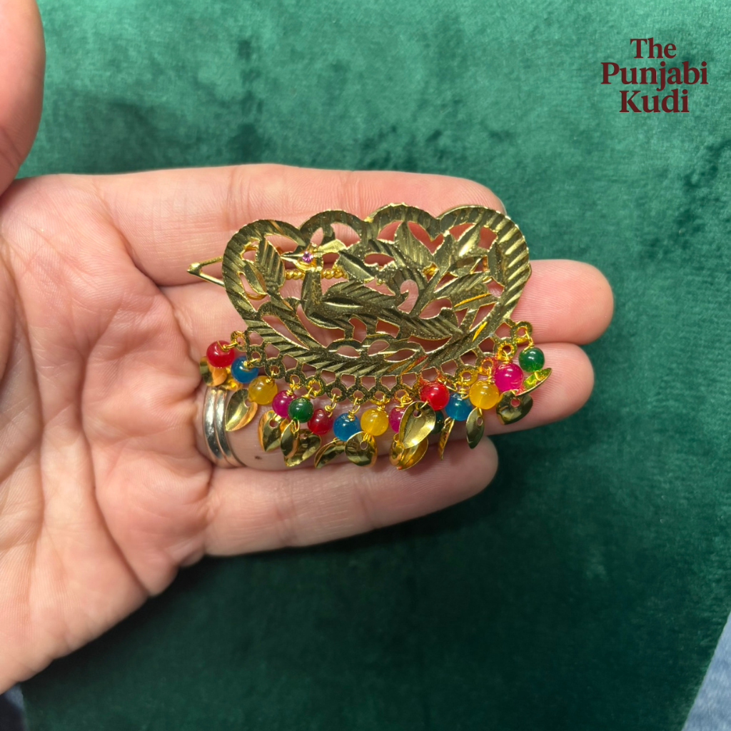 Gold Finished Multicolor Morni Pippal Patti Hair Clips