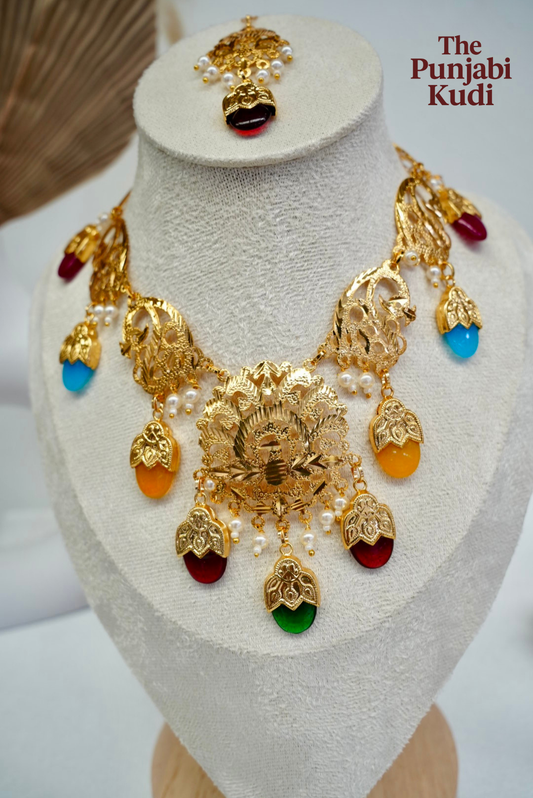 Punjabi Traditional Dakh Set with Tikka in Multicolor Stones