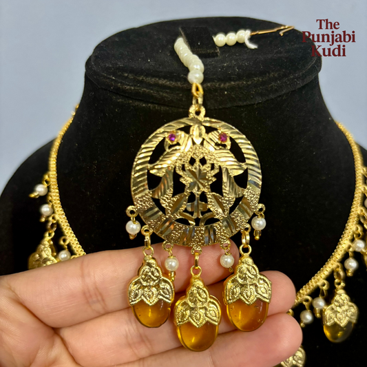 Punjabi Traditional Dakh Set with Tikka in Mustard Stones