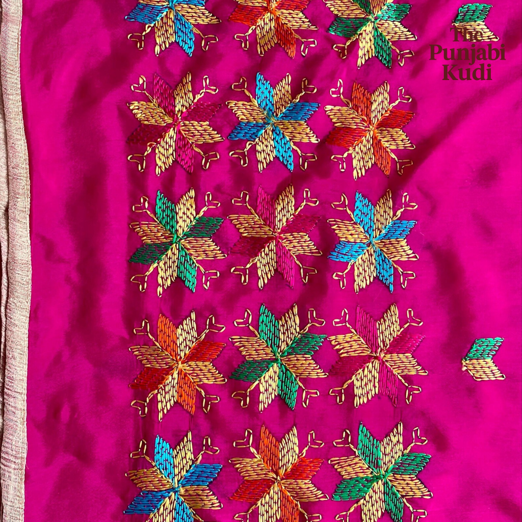 Hand-Embroidered Phulkari Chinon Dupatta Magenta Base