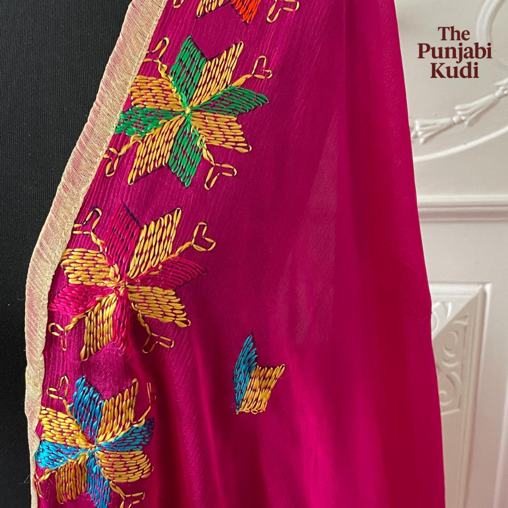 Hand-Embroidered Phulkari Chinon Dupatta Magenta Base