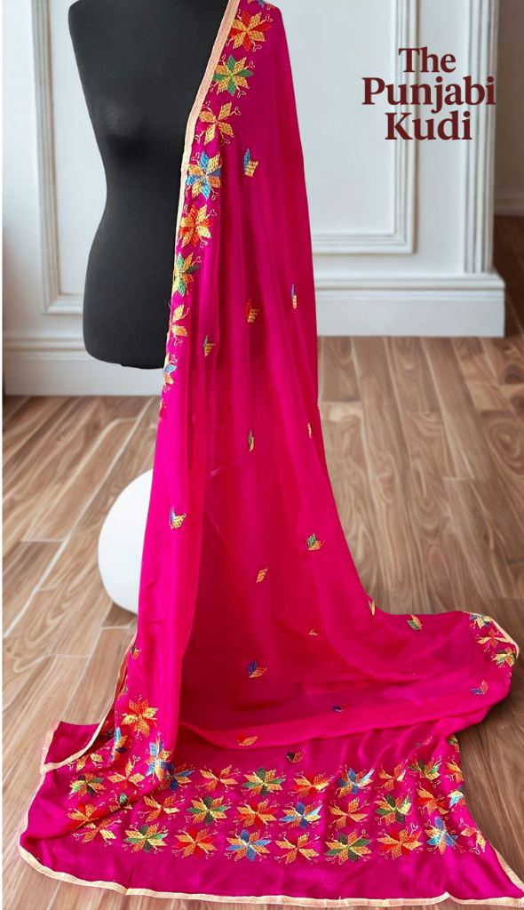 Hand-Embroidered Phulkari Chinon Dupatta Magenta Base