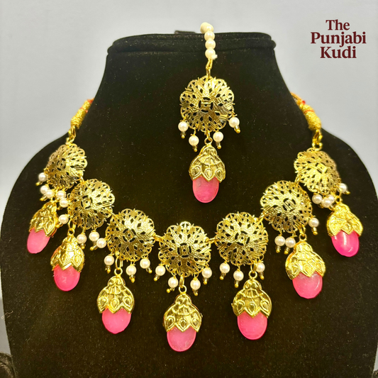 Punjabi Traditional Dakh Set with Tikka in Pink Stones