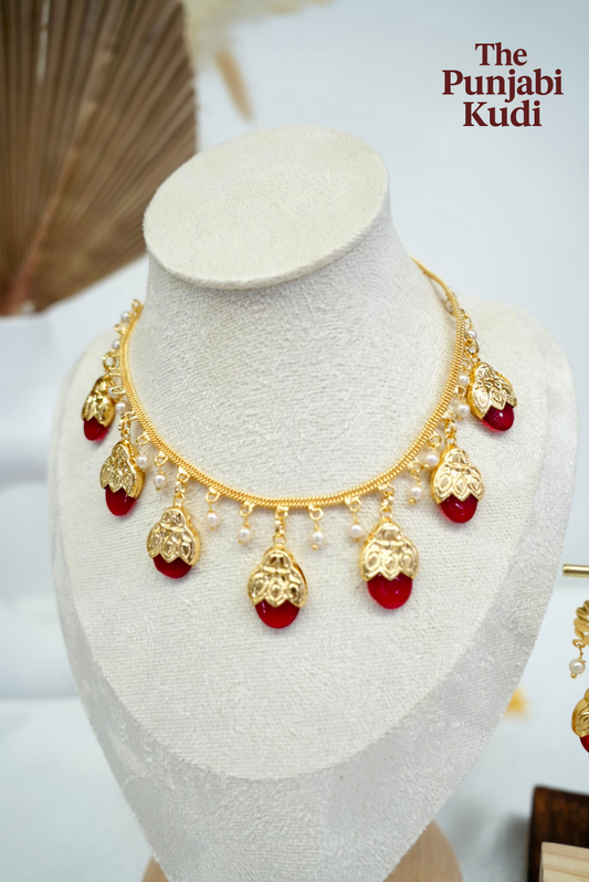 Punjabi Traditional Dakh Set with Red Stones