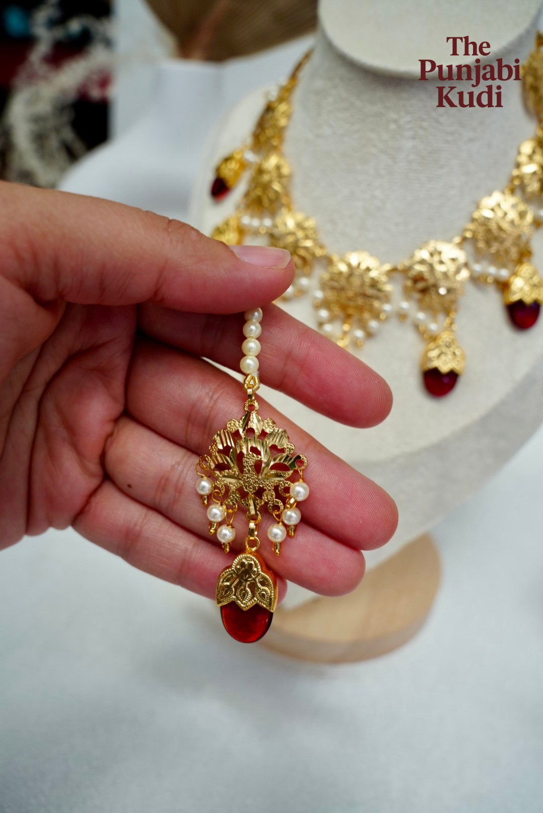 Punjabi Traditional Dakh Set with Tikka in Red Stones