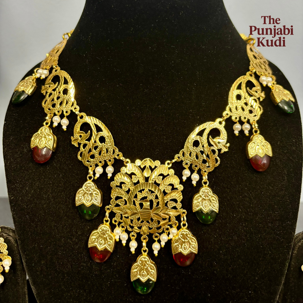 Punjabi Traditional Dakh Set with Tikka in Red and Green Stones