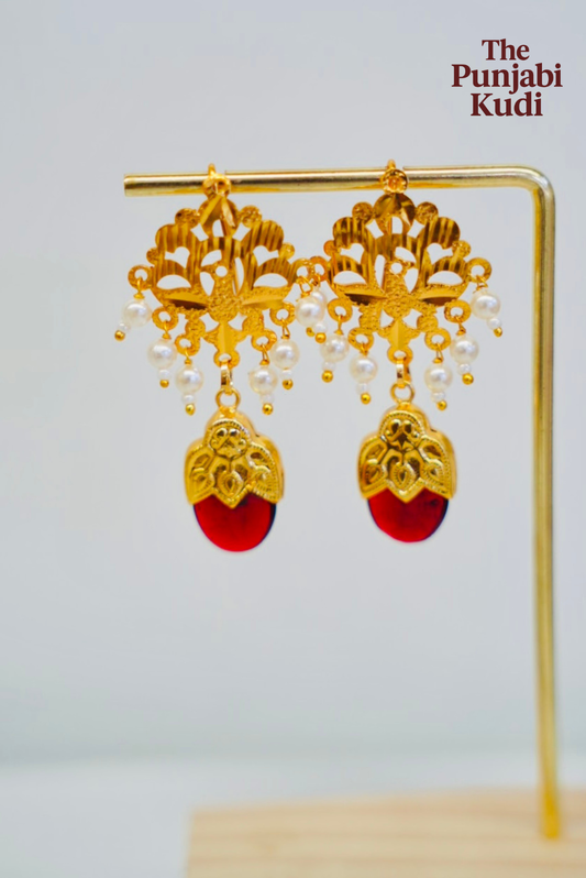 Punjabi Traditional Dakh Set with Tikka in Red and Green Stones