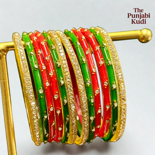 Red Green Golden Glass Bangle Set
