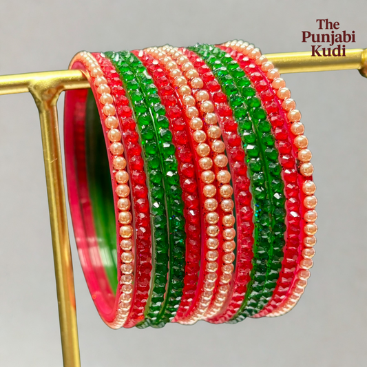 Red Green Pearl Glass Bangle Set