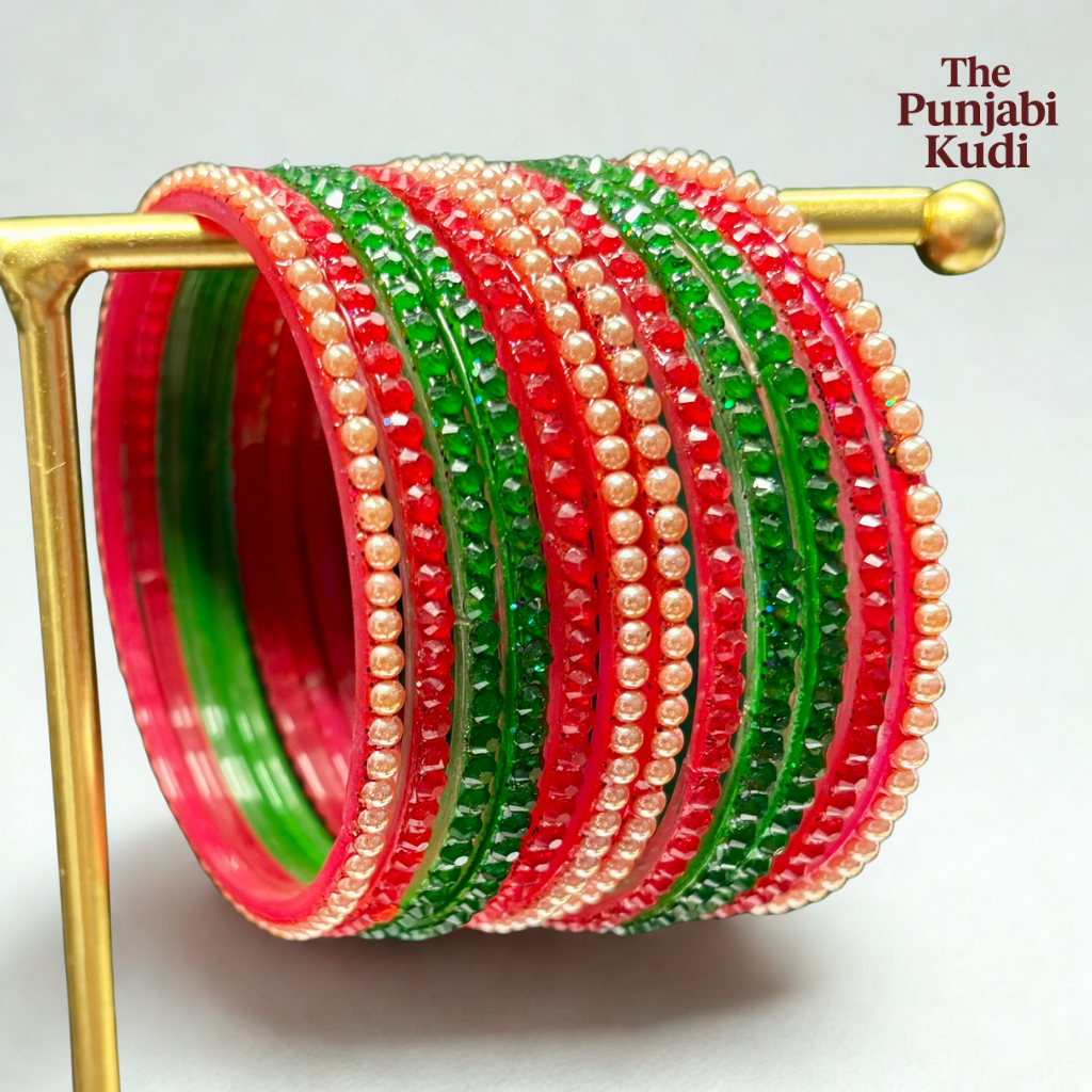 Red Green Pearl Glass Bangle Set