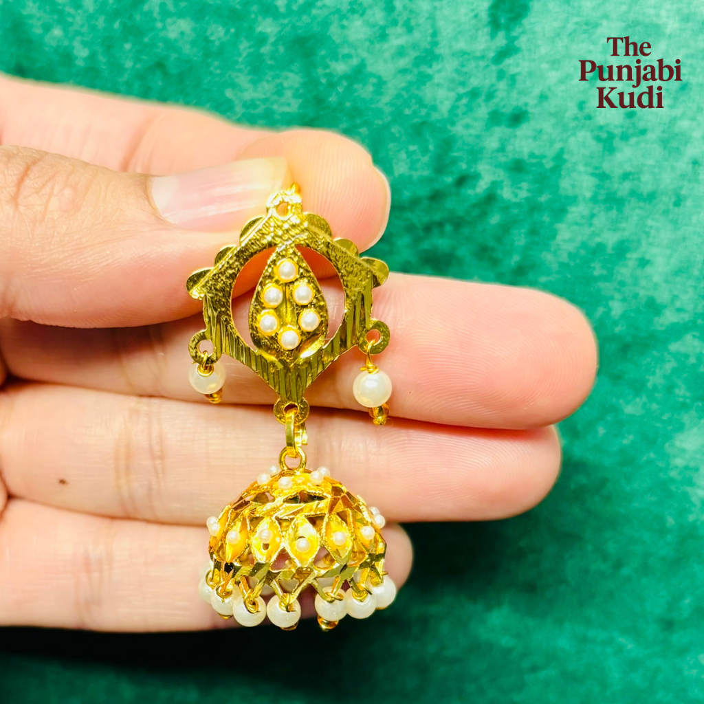 Gold Finished Jadau Lotan Earrings with Pearls