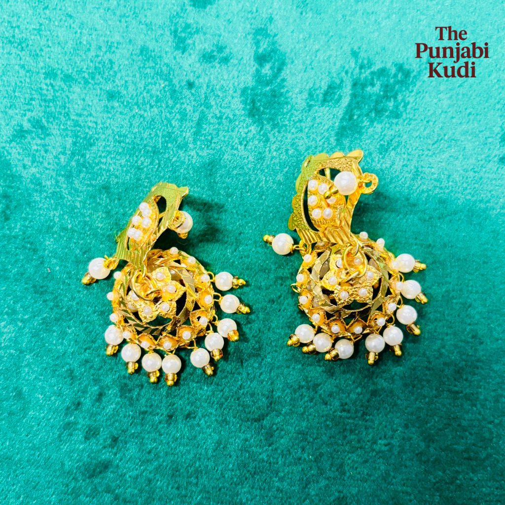 Gold Finished Jadau Lotan Earrings with Pearls