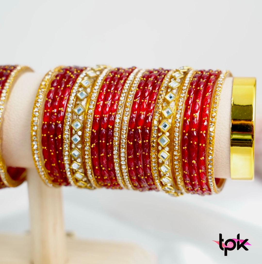 Rain drop Glass Bangle Stack - Multi & Red