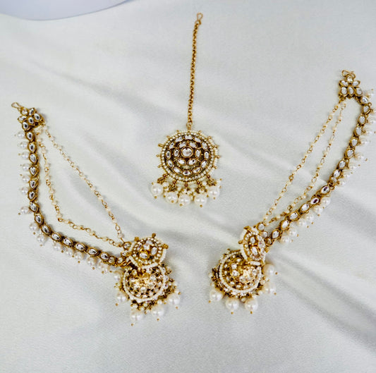 Kundan Polki Earrings Tikka Set with Chain