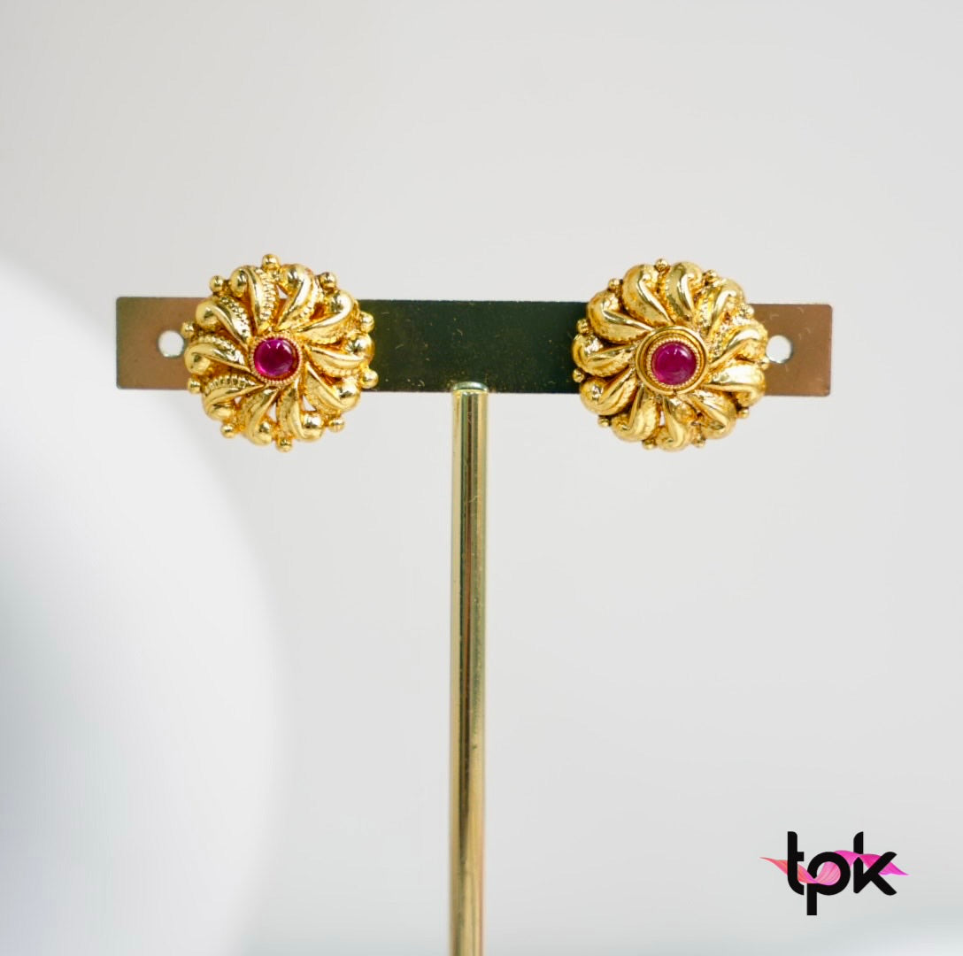 Traditional Gold Plated Studs Earrings (Copper Base) - Available in Ruby & Green