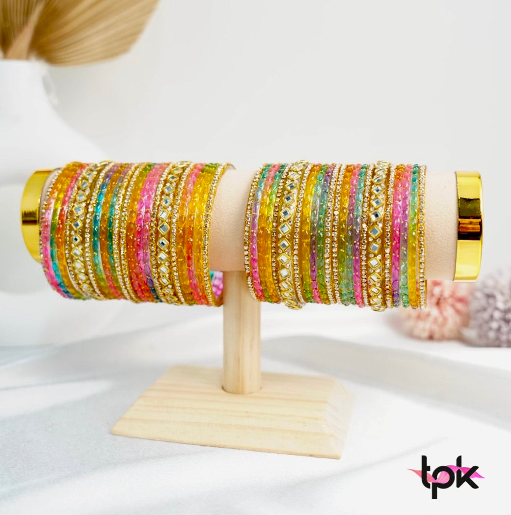 Rain drop Glass Bangle Stack - Multi & Red