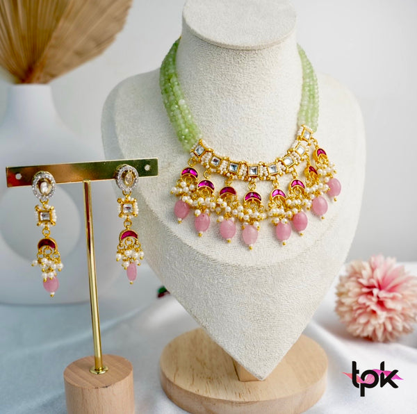 Pachi Kundan Chand Choker Set with Earrings - Pink