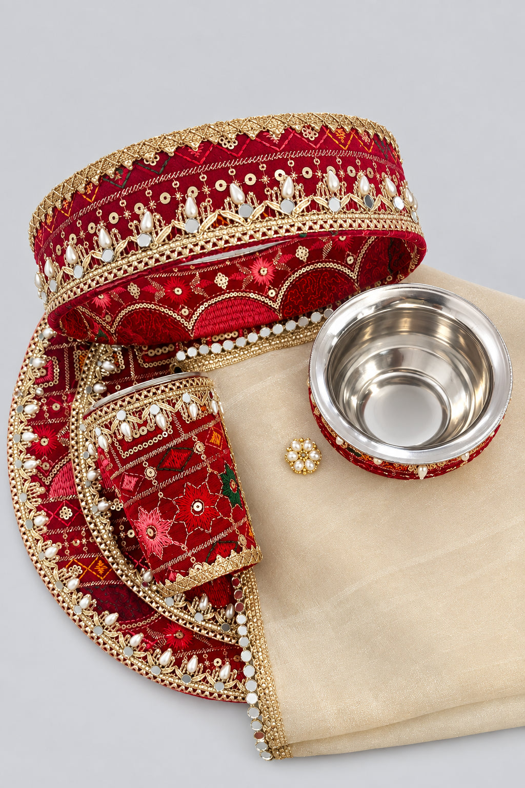 Embroidered Karwa chauth thali set - Red