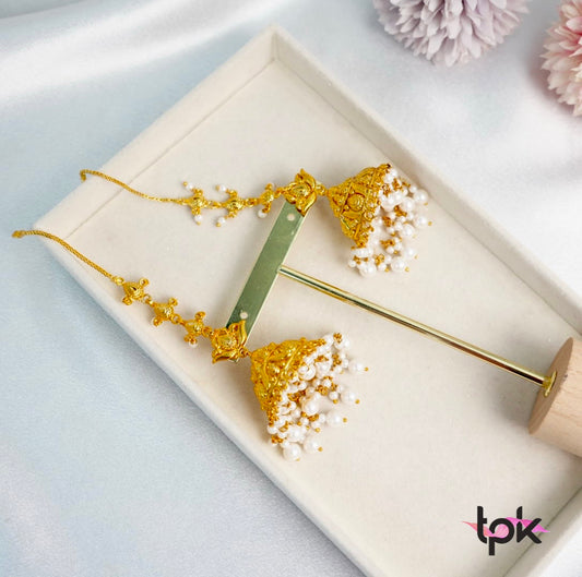Gold Plated Pearl Jhumki Earrings with sahara (Copper Base)