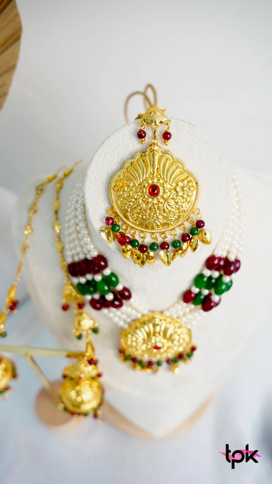 Rani Pearl Necklace Set - Green & Maroon