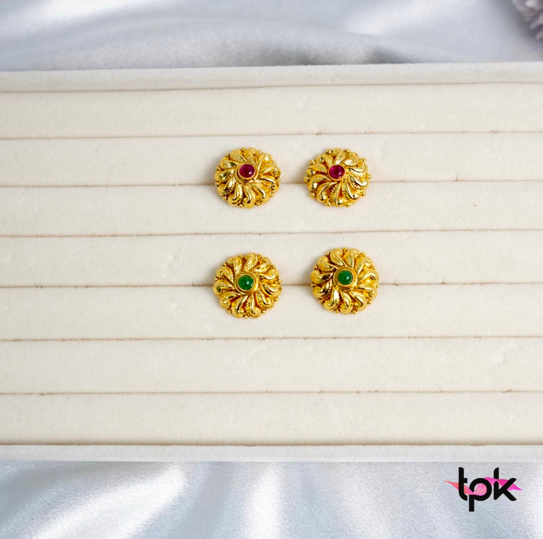 Traditional Gold Plated Studs Earrings (Copper Base) - Available in Ruby & Green