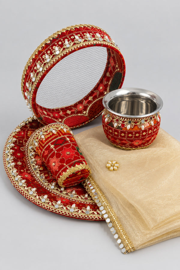 Embroidered Karwa chauth thali set - Red
