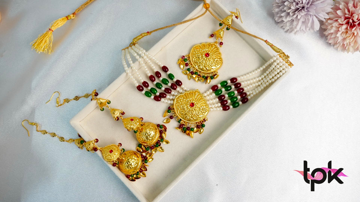 Rani Pearl Necklace Set - Green & Maroon