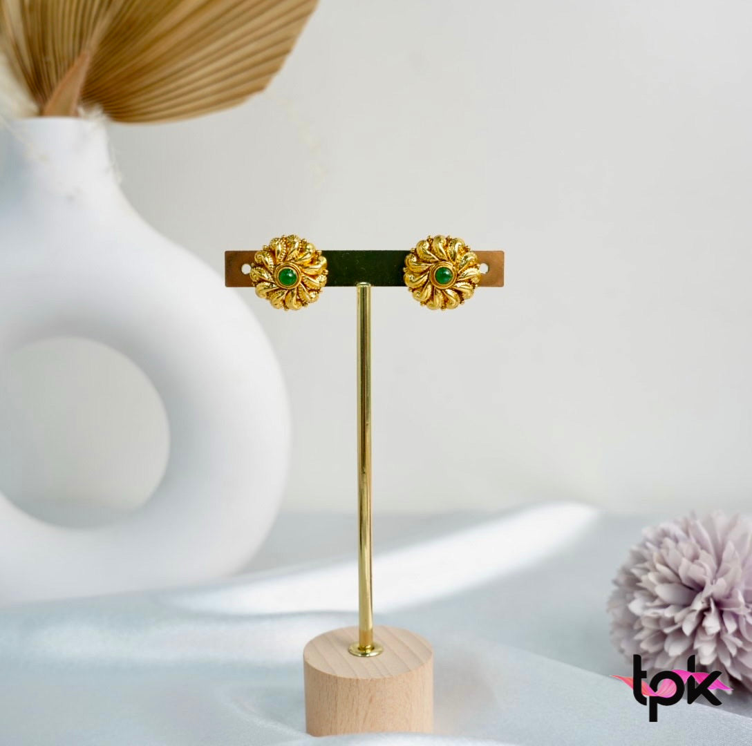 Traditional Gold Plated Studs Earrings (Copper Base) - Available in Ruby & Green