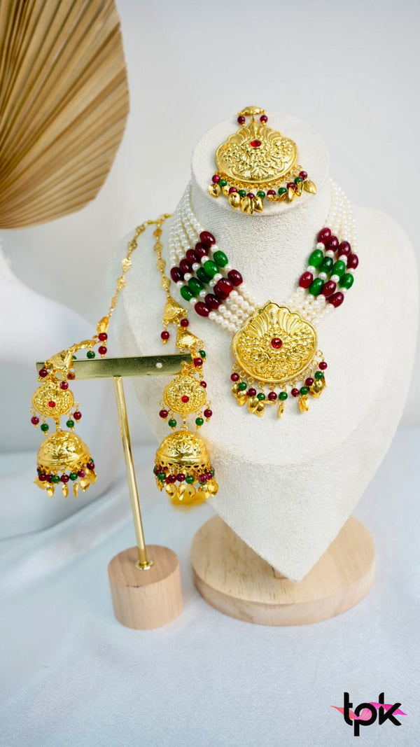 Rani Pearl Necklace Set - Green & Maroon