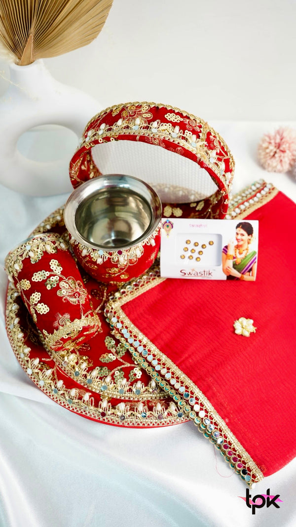 Embroidered Karwa chauth thali set - Red