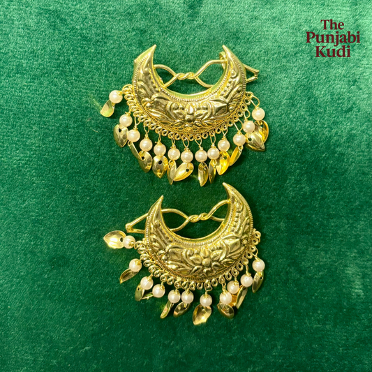 Gold Finished Chand Hair Clips Pair with Pearls and Pippal Patti
