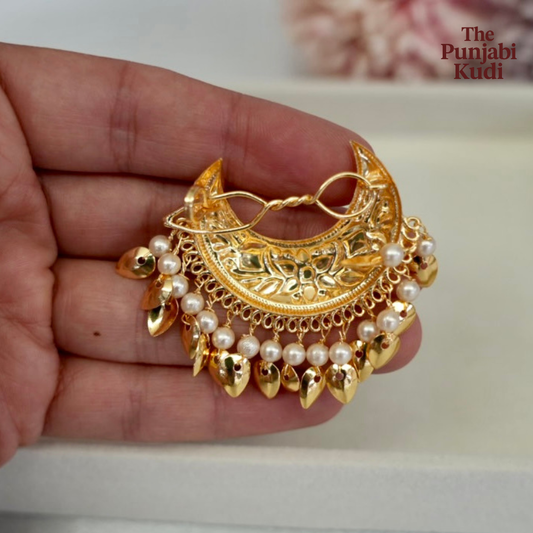 Gold Finished Chand Hair Clips Pair with Pearls and Pippal Patti