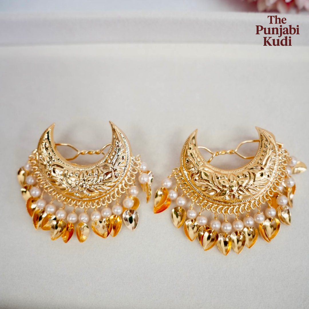 Gold Finished Chand Hair Clips Pair with Pearls and Pippal Patti