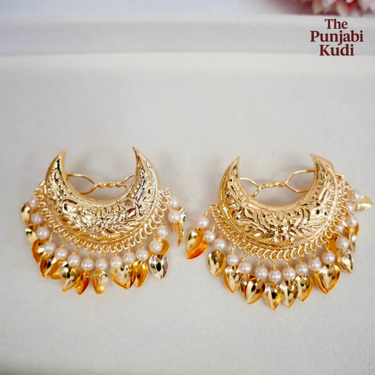 Gold Finished Chand Hair Clips Pair with Pearls and Pippal Patti