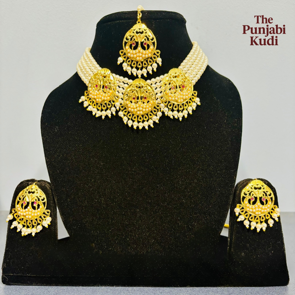 Jadau Morni Pearl Gold Finished Choker Necklace Set