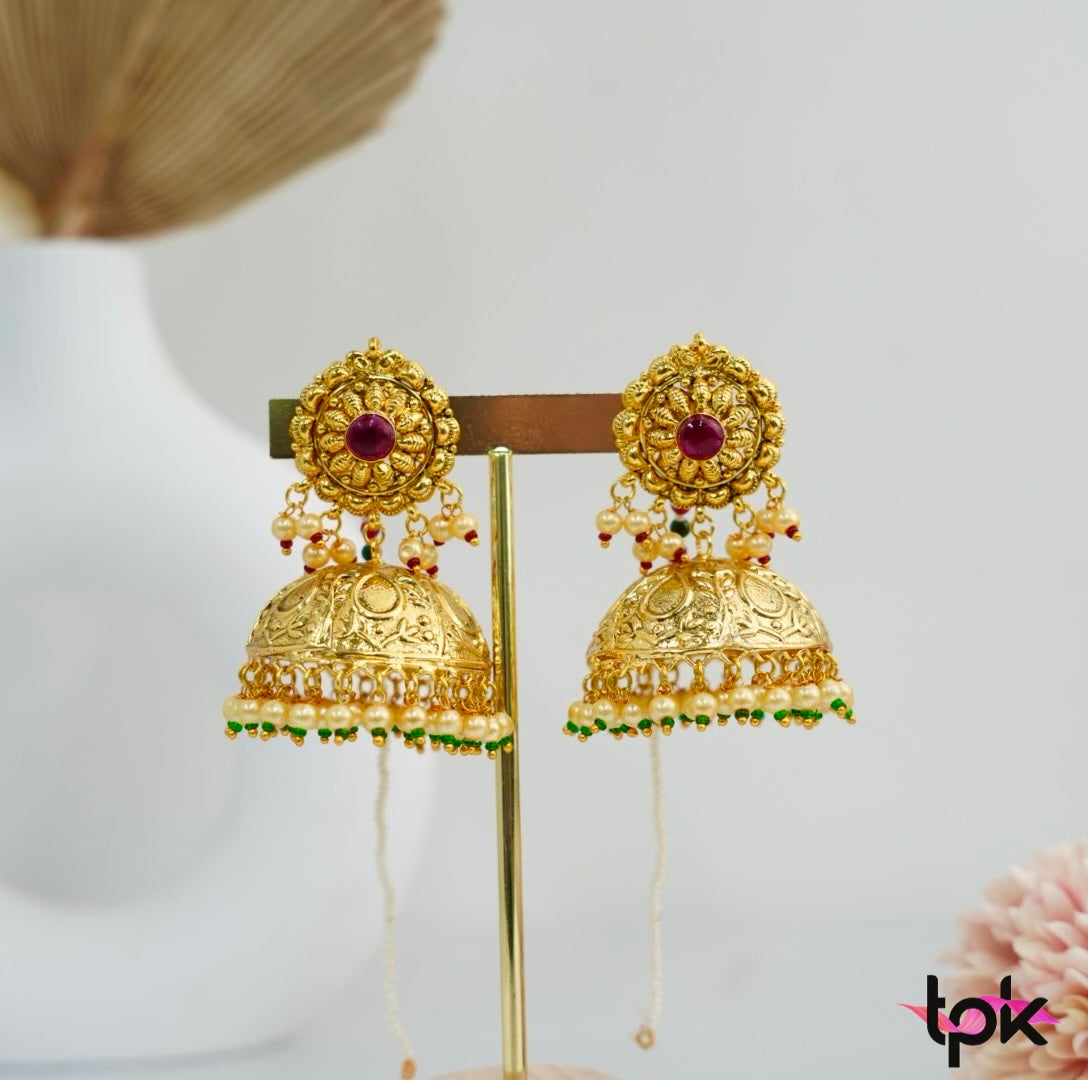 Gold Plated Patra Jhumki Earrings with sahara (Copper Base)